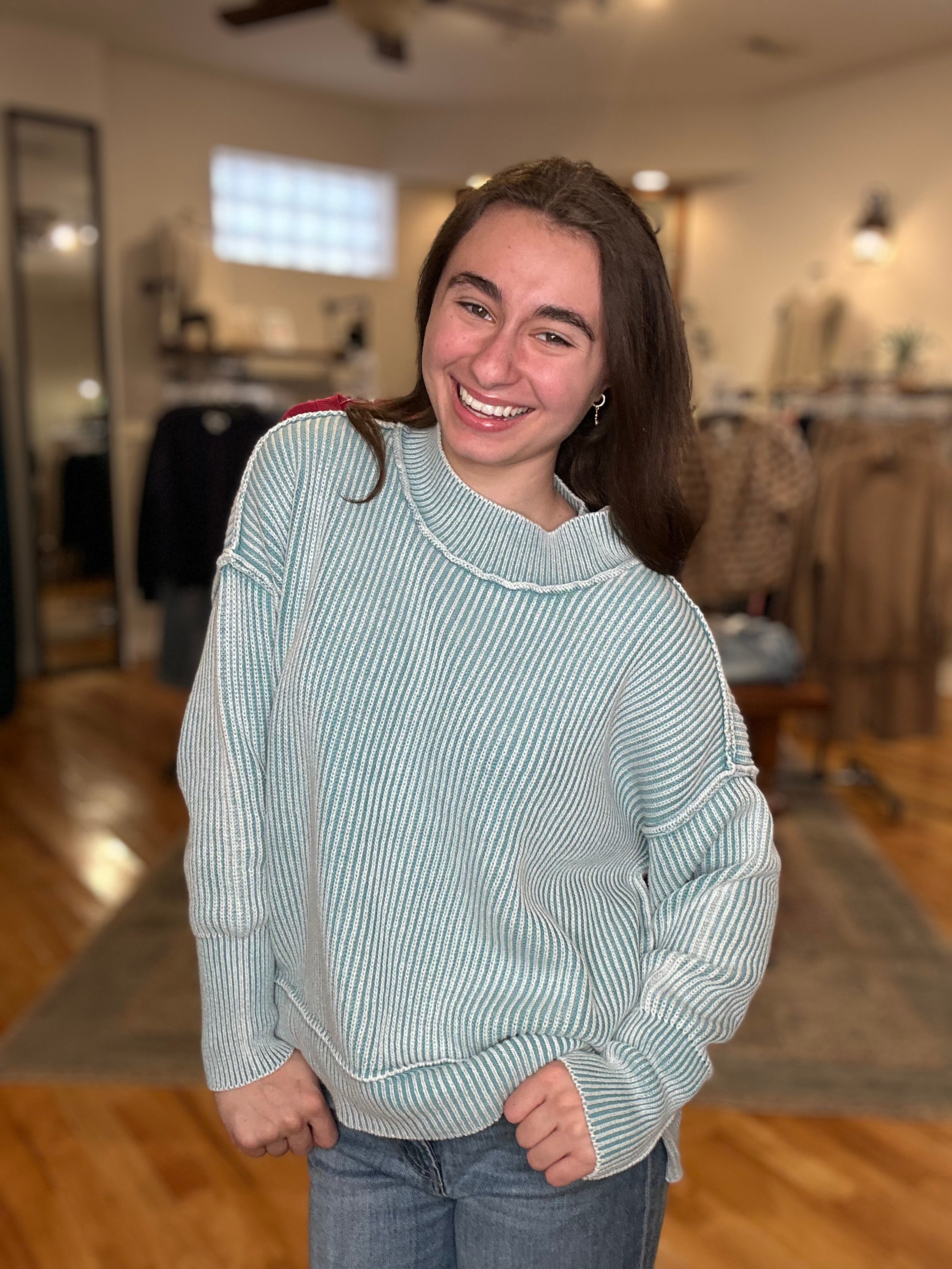 Washed Side Slit Oversized Sweater-Dusty Teal | Boutique on Broadway